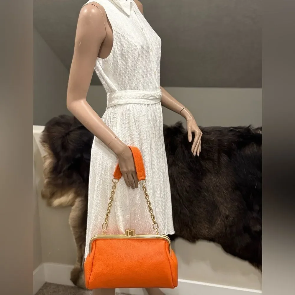 Orange Premium Pebble Cowhide Handmade Large Kiss Lock Handbag/ Multi Use Style